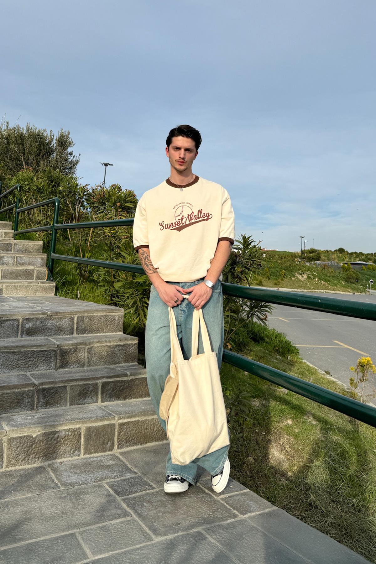 Sunset Valley Printed Oversize T-Shirt Beige