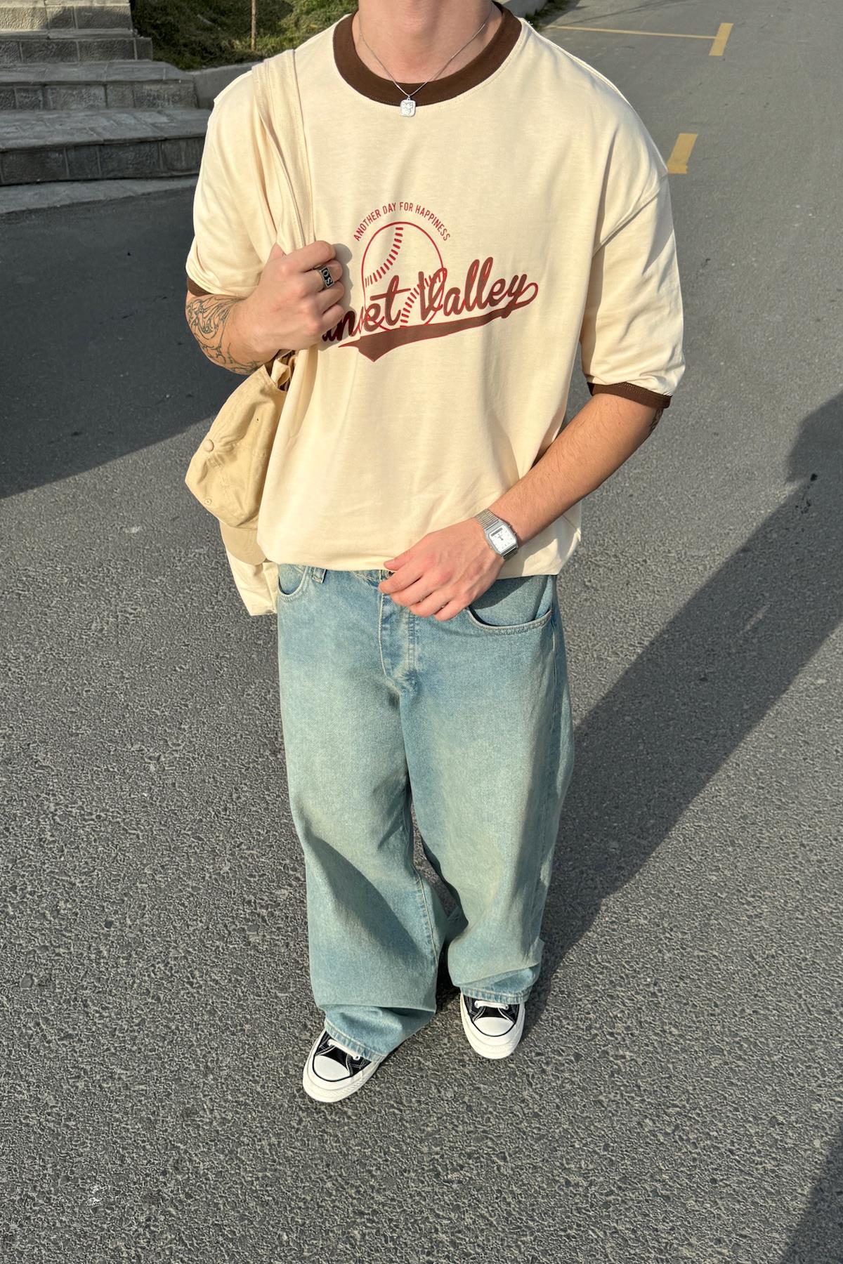 Sunset Valley Printed Oversize T-Shirt Beige