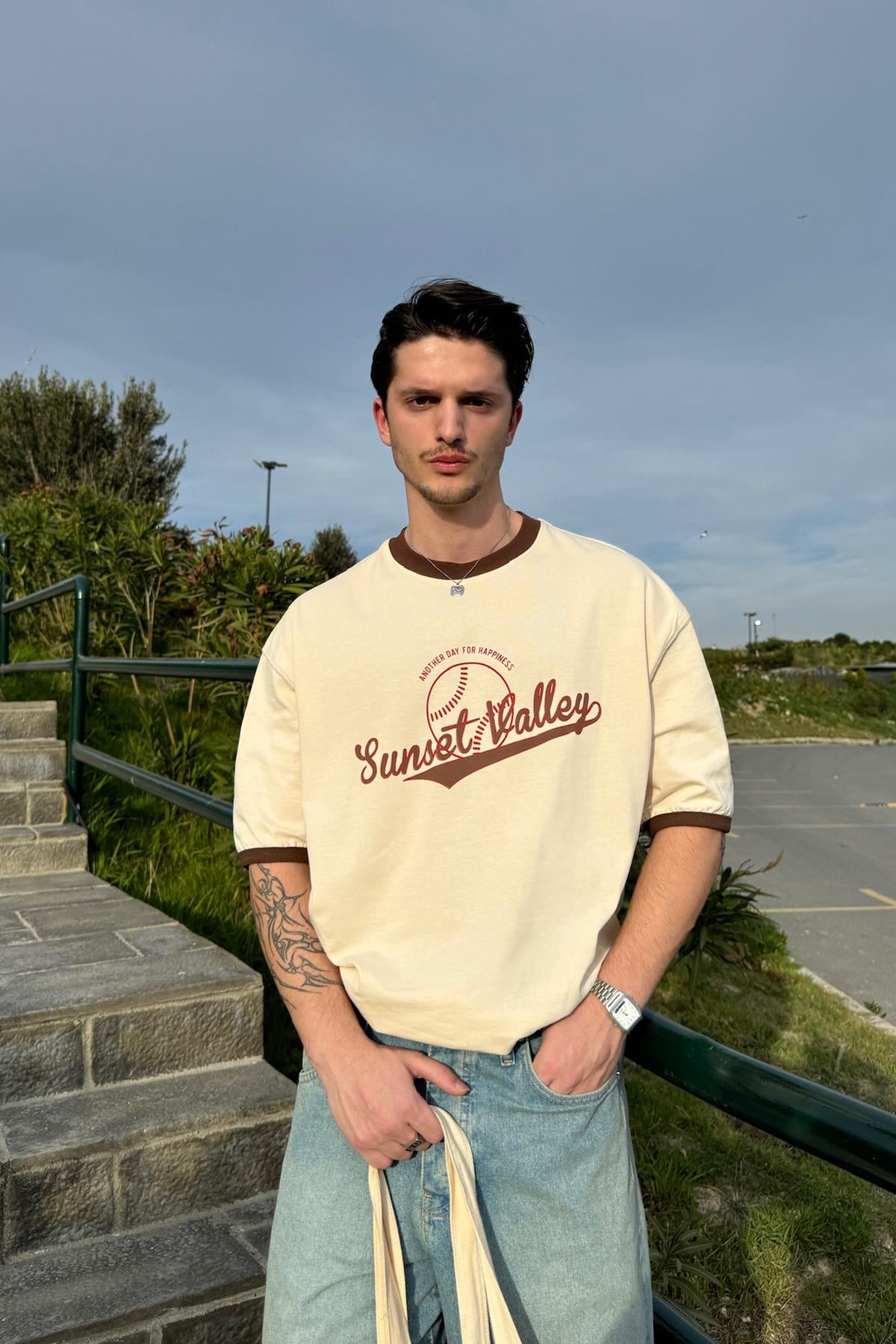 Sunset Valley Printed Oversize T-Shirt Beige
