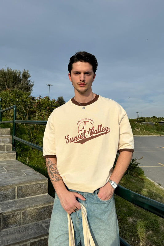 Sunset Valley Printed Oversize T-Shirt Beige