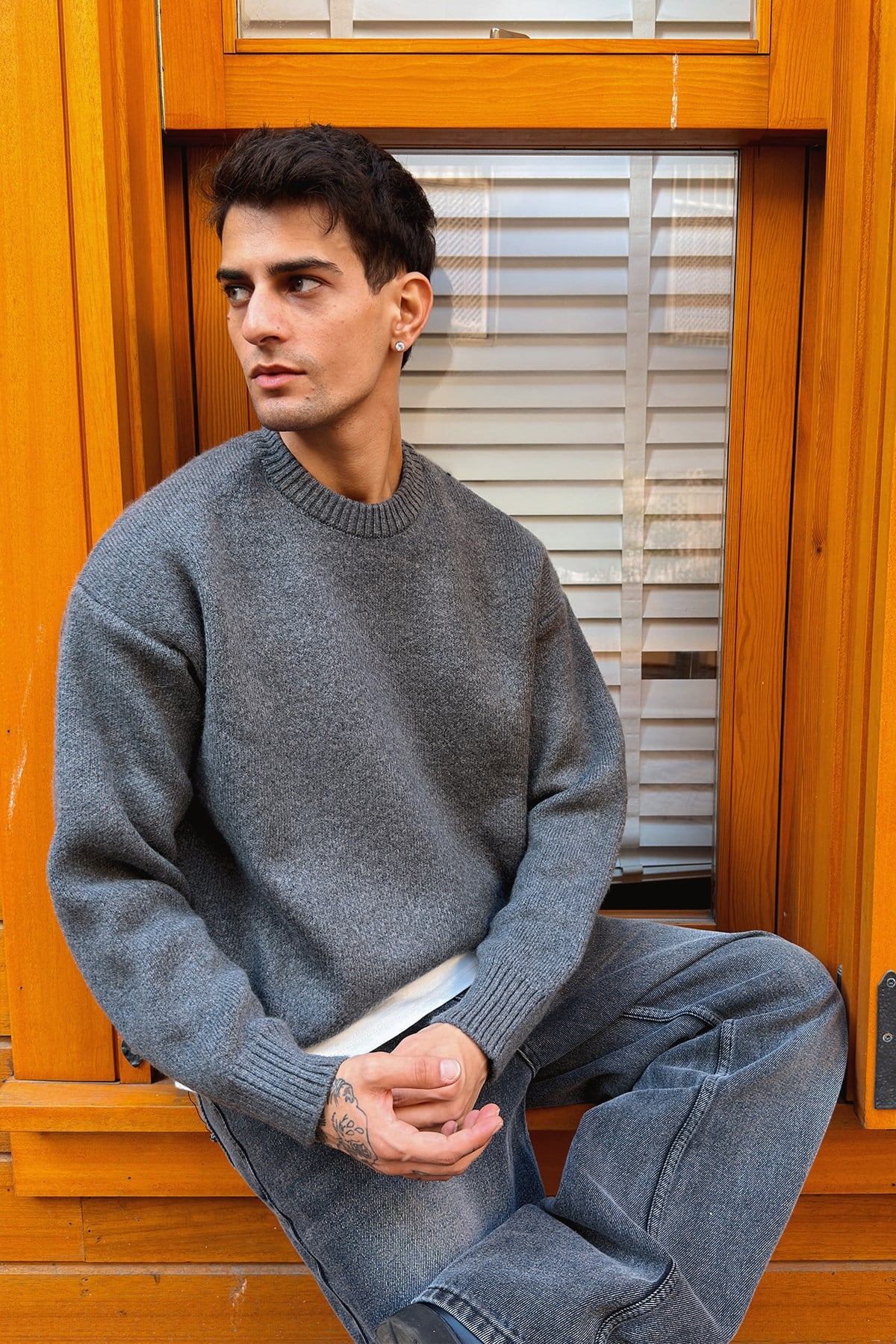 Dark Gray Boxy Fit Crewneck Sweater