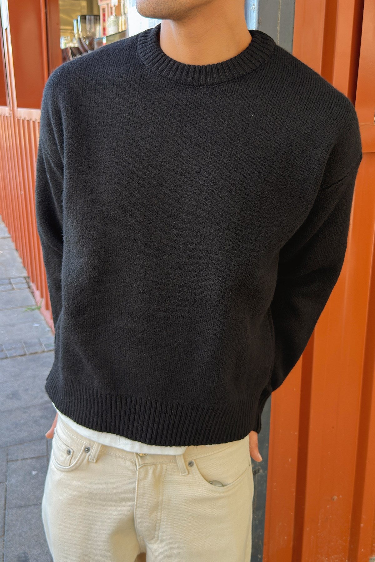 Black Boxy Fit Crewneck Sweater
