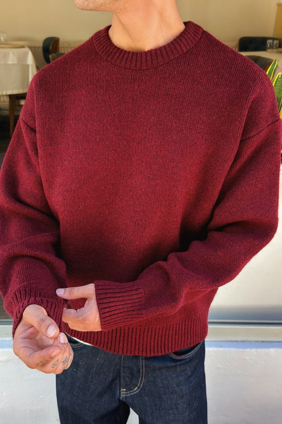 Wine Red Boxy Fit Crewneck Sweater