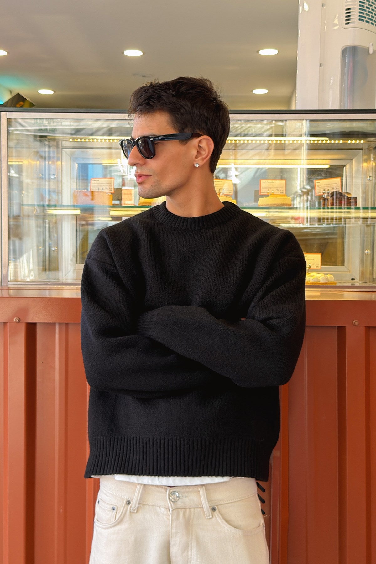 Black Boxy Fit Crewneck Sweater