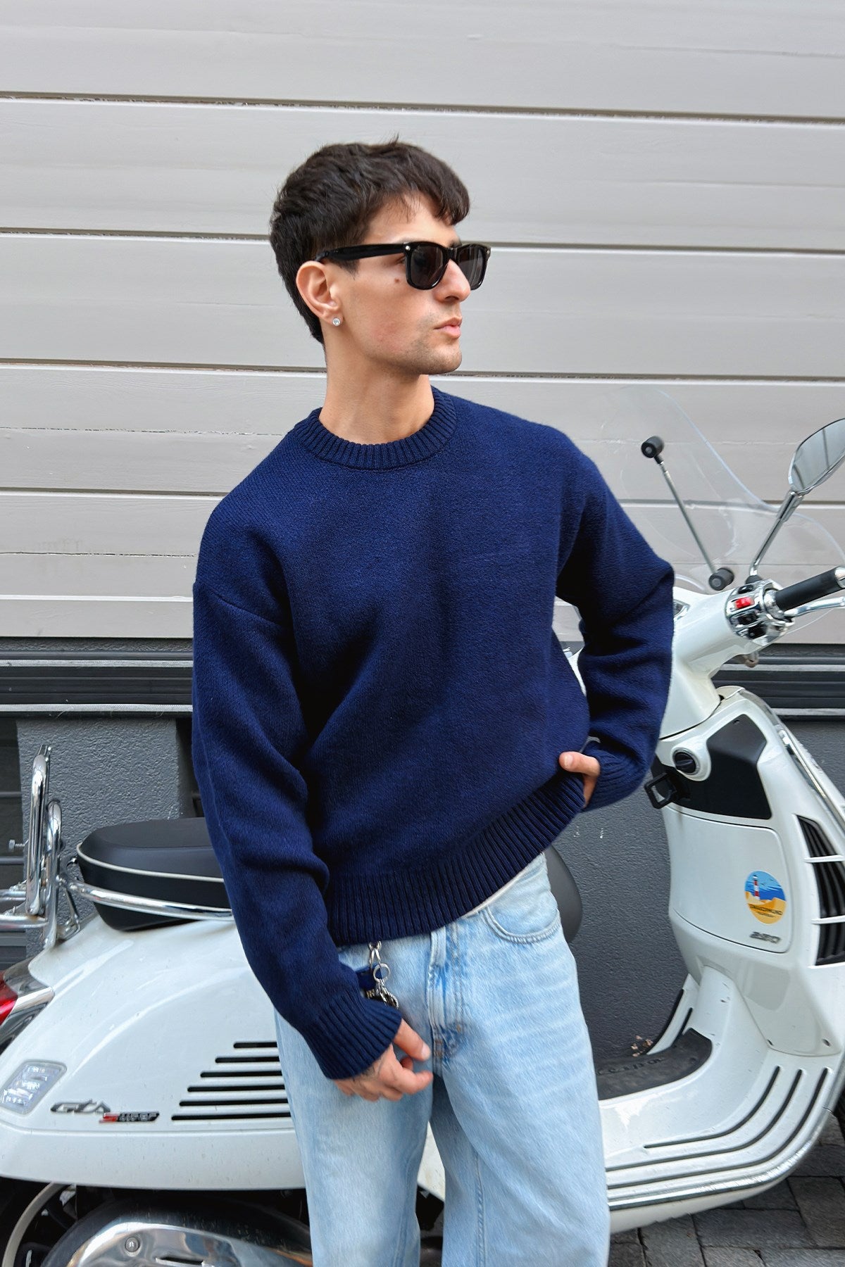 Navy Blue Boxy Fit Crewneck Sweater