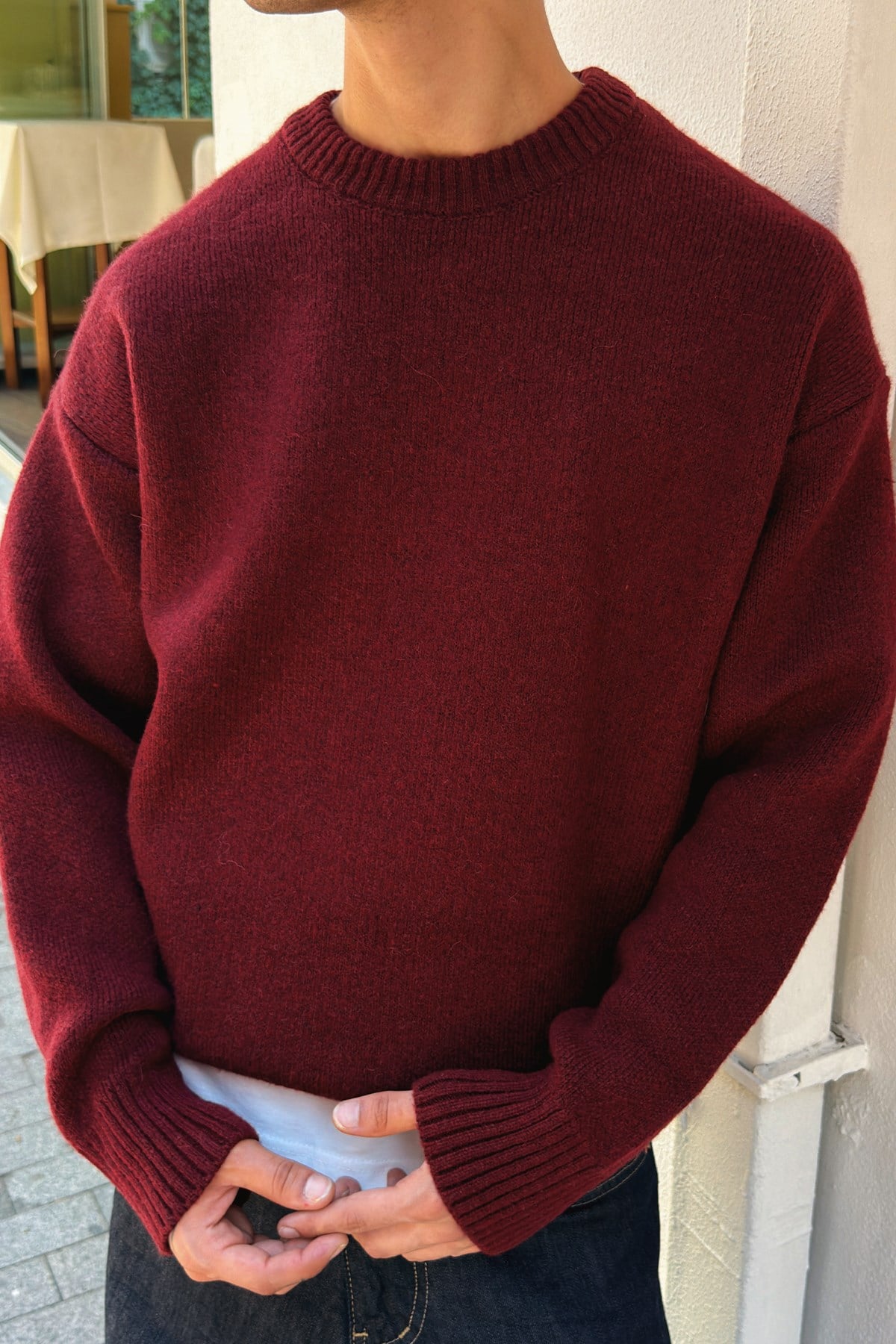 Wine Red Boxy Fit Crewneck Sweater