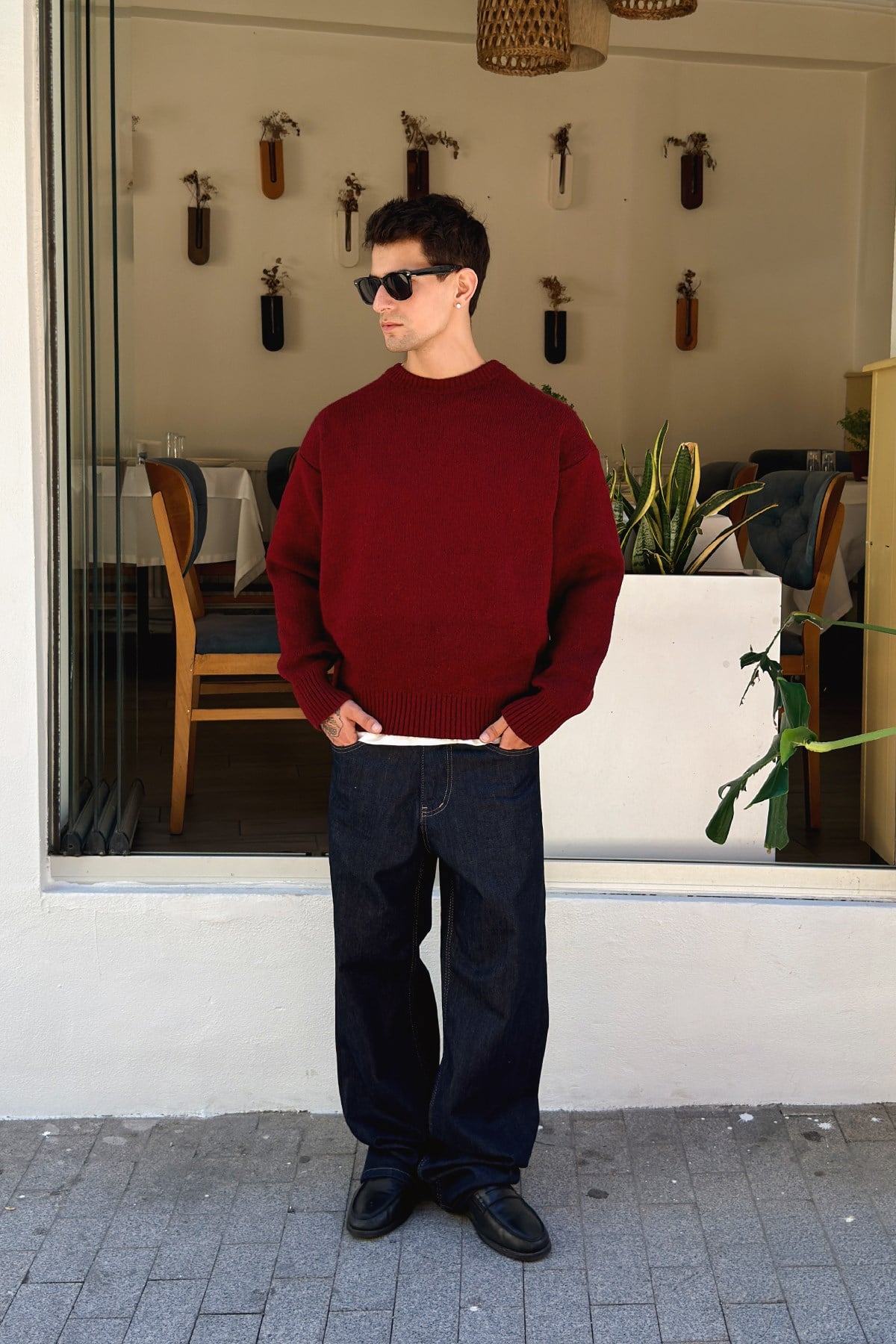 Wine Red Boxy Fit Crewneck Sweater