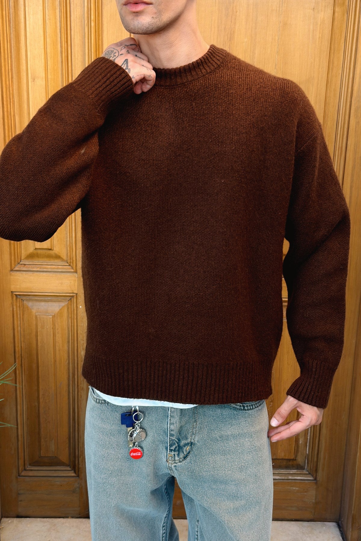 Dark Brown Boxy Fit Crewneck Sweater