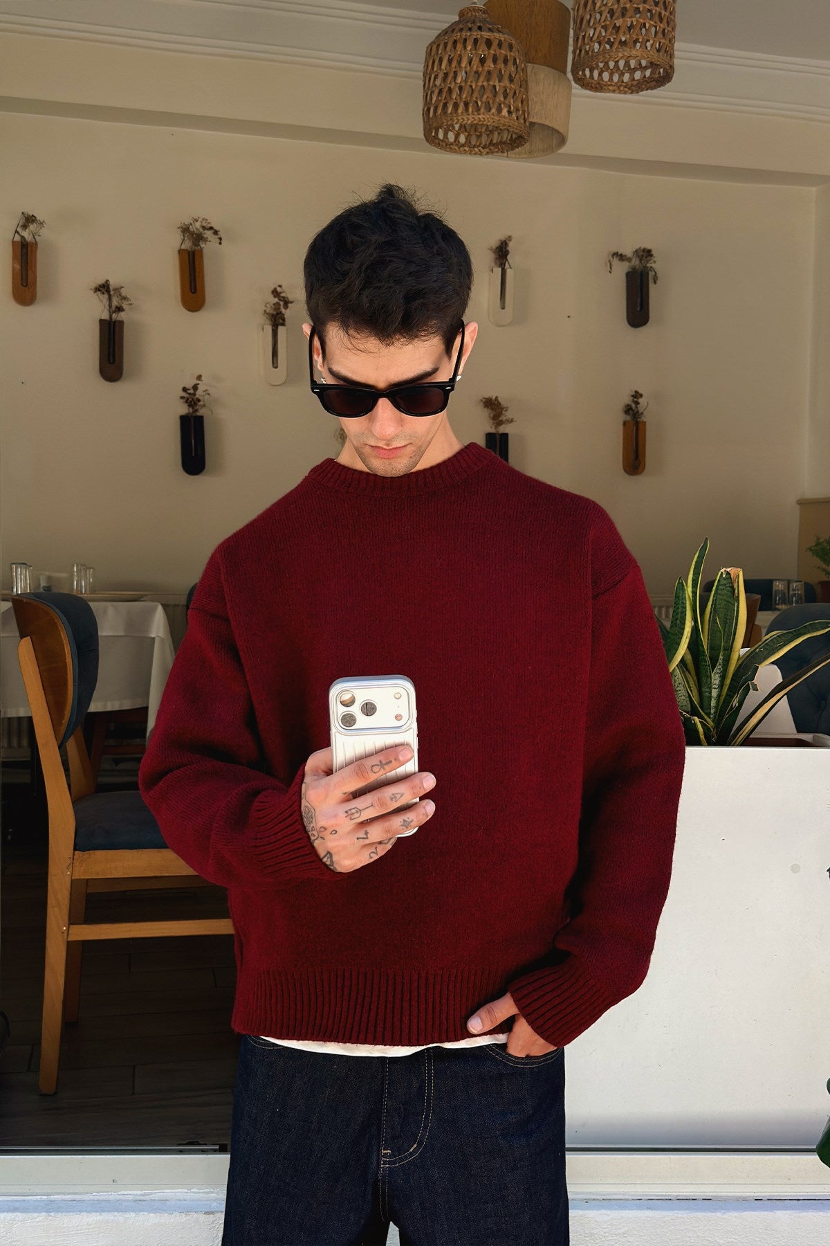Wine Red Boxy Fit Crewneck Sweater