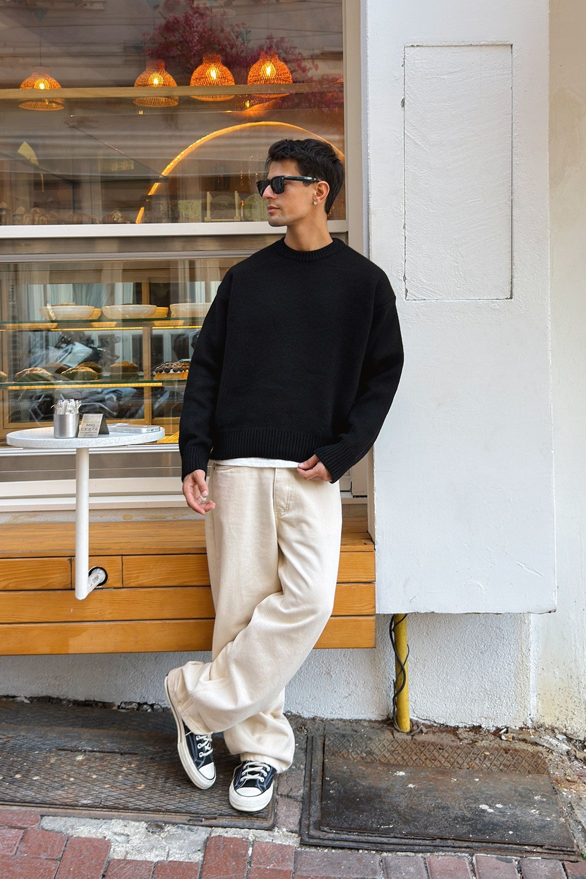 Black Boxy Fit Crewneck Sweater