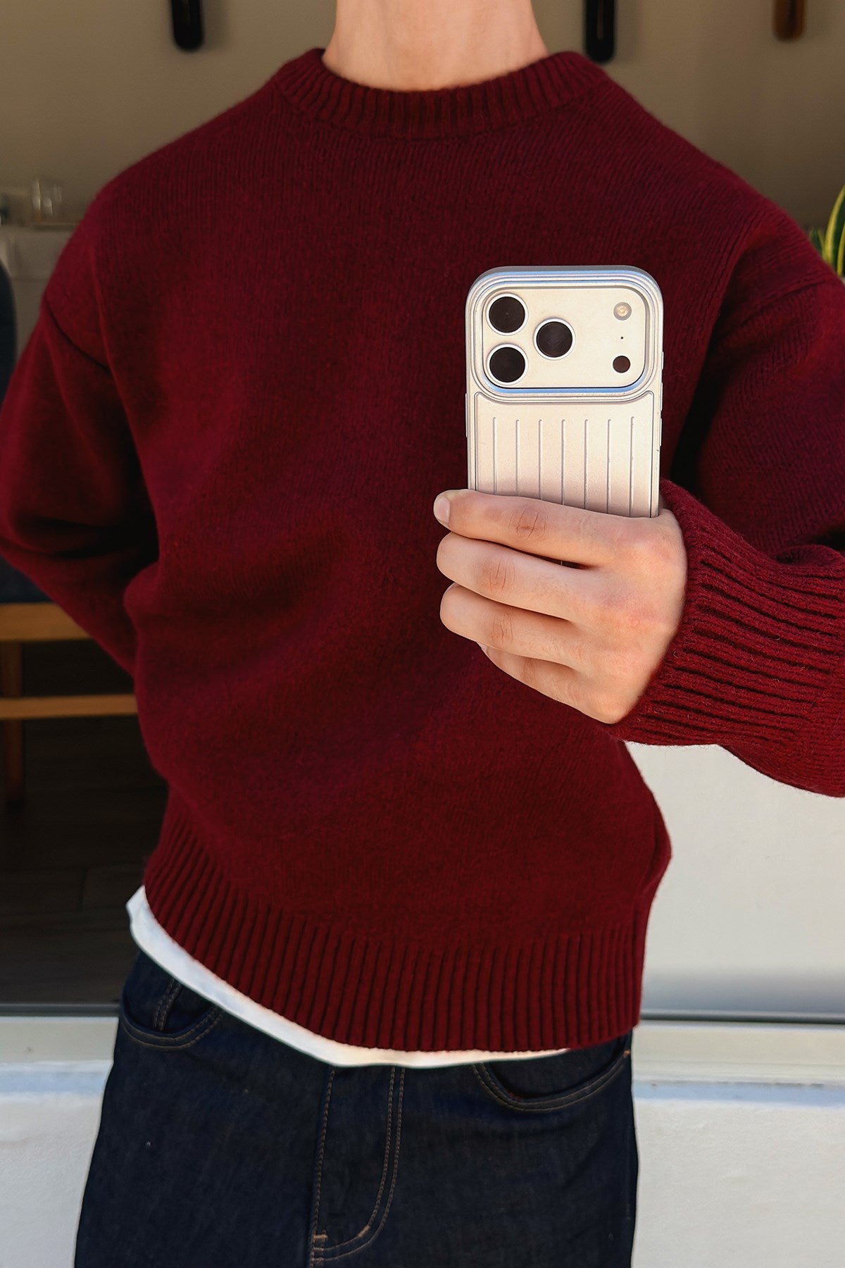 Wine Red Boxy Fit Crewneck Sweater