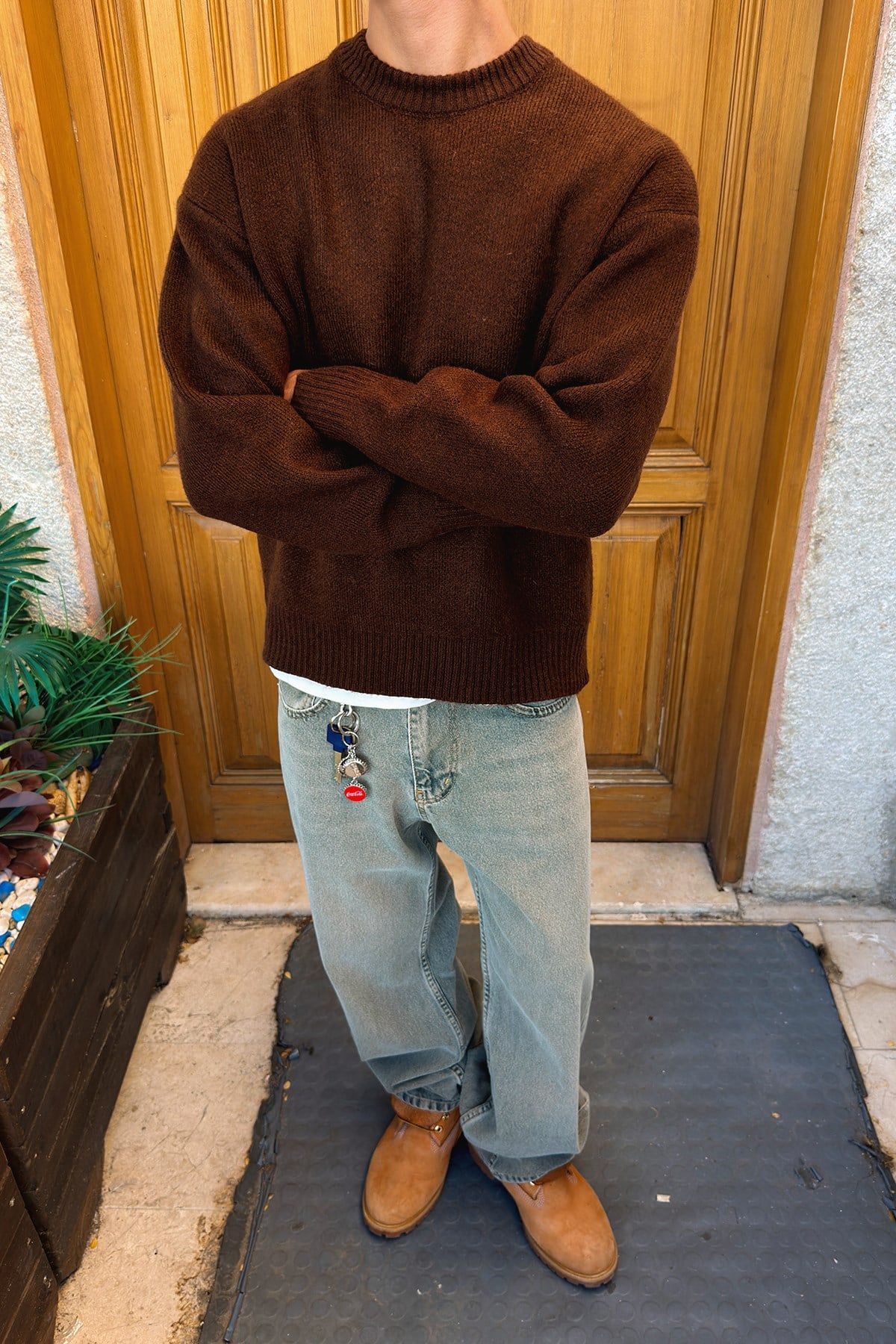 Dark Brown Boxy Fit Crewneck Sweater