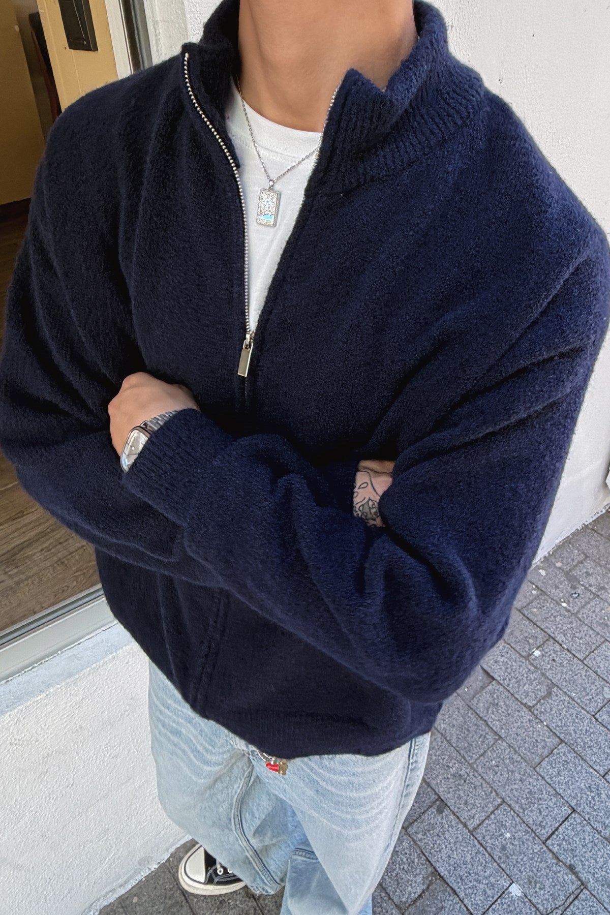 Navy Blue Zip Knit