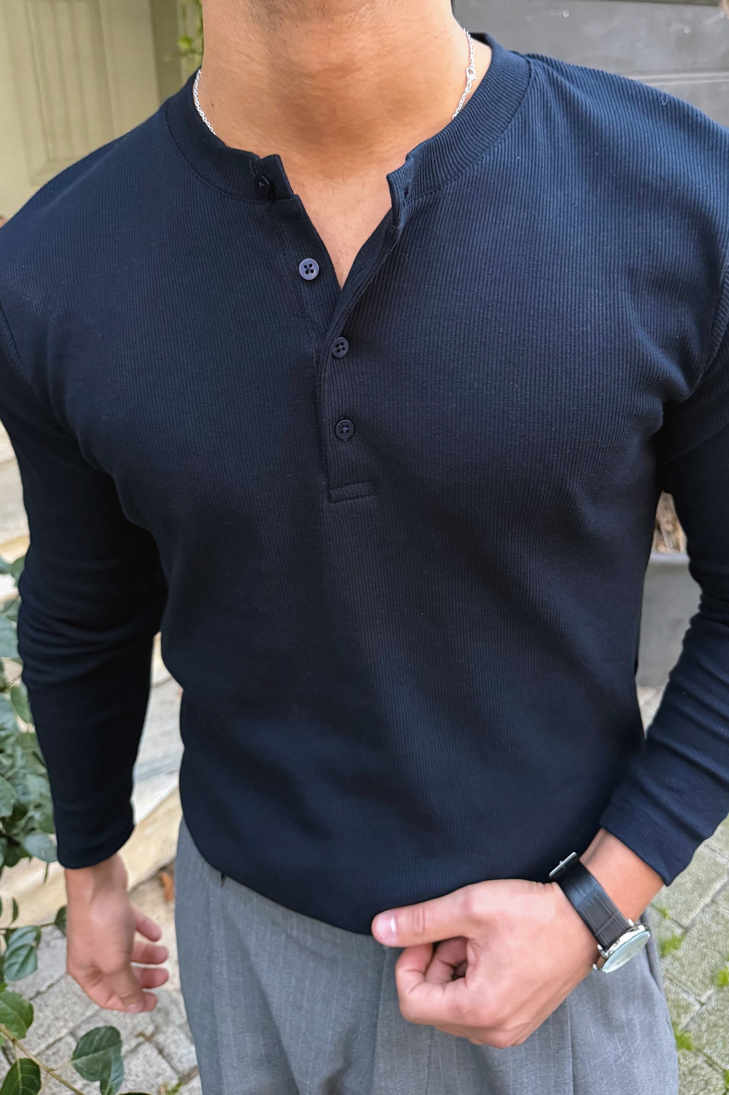 Long-sleeved button-down T-shirt