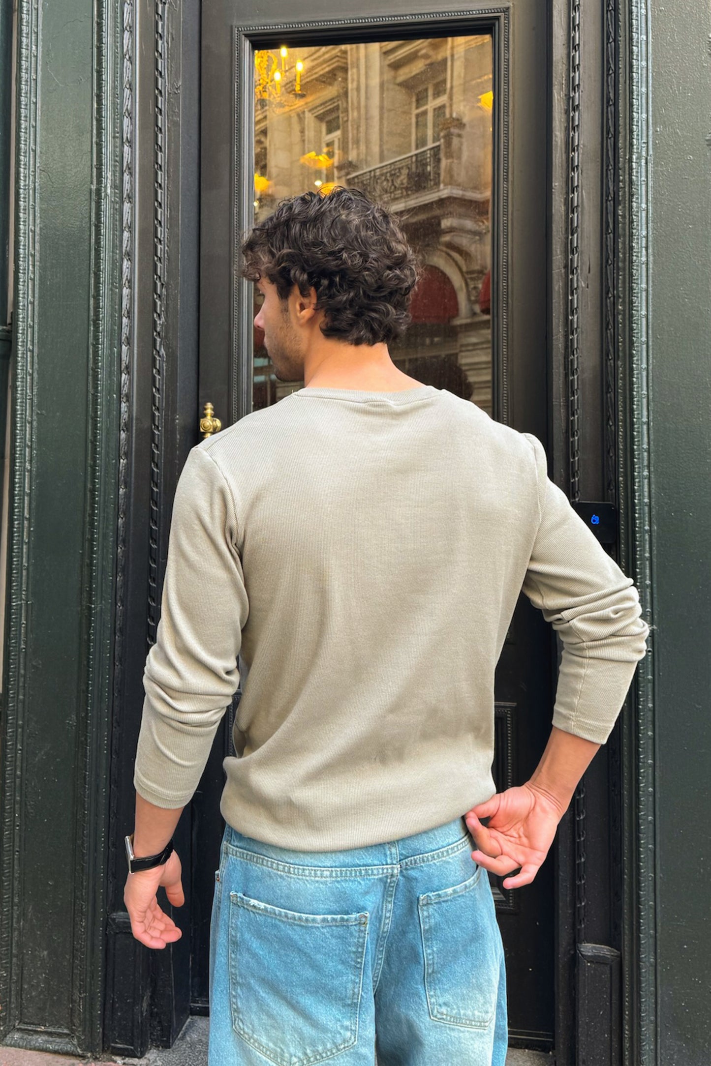 Long-sleeved button-down T-shirt