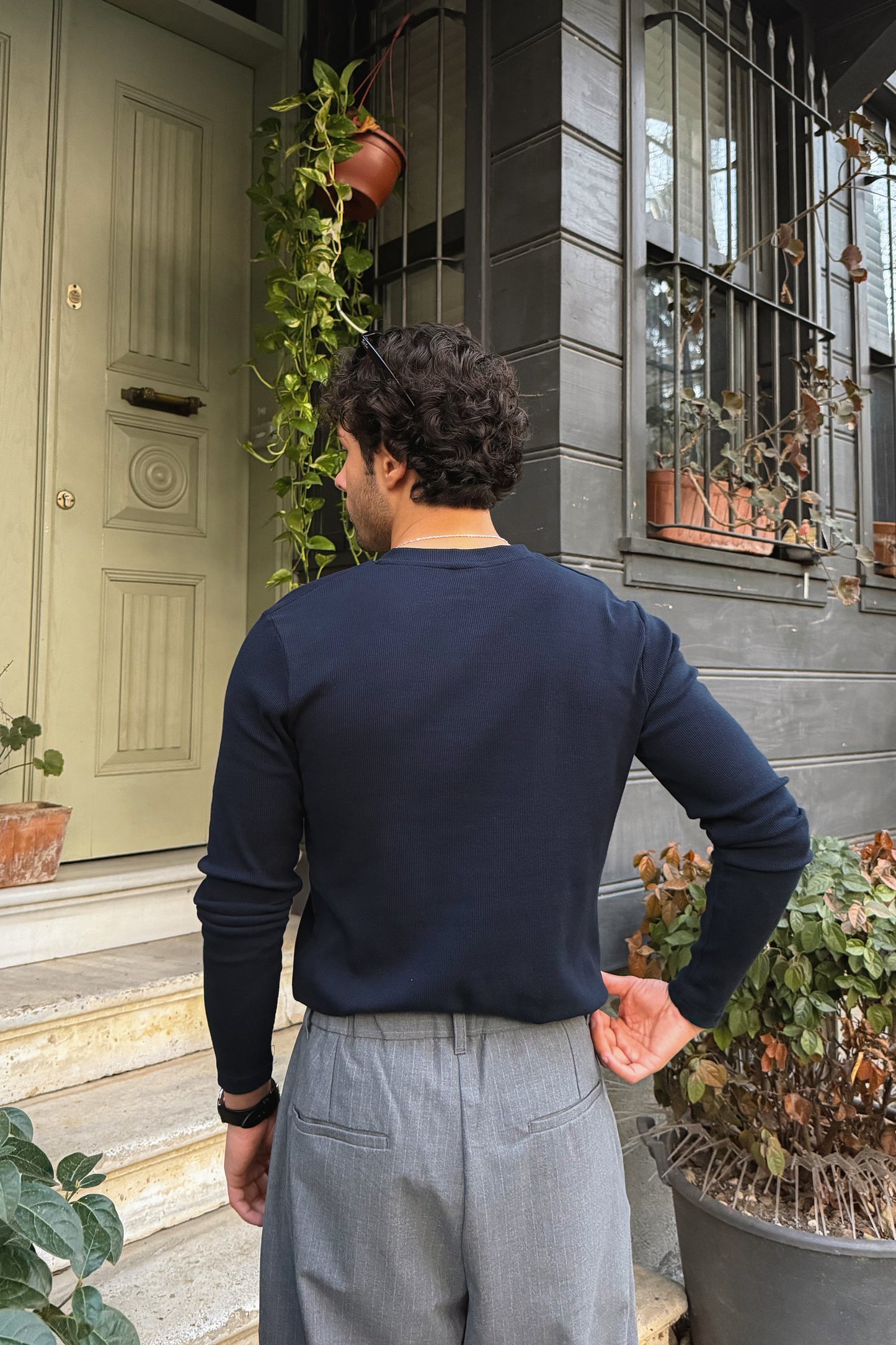 Long-sleeved button-down T-shirt