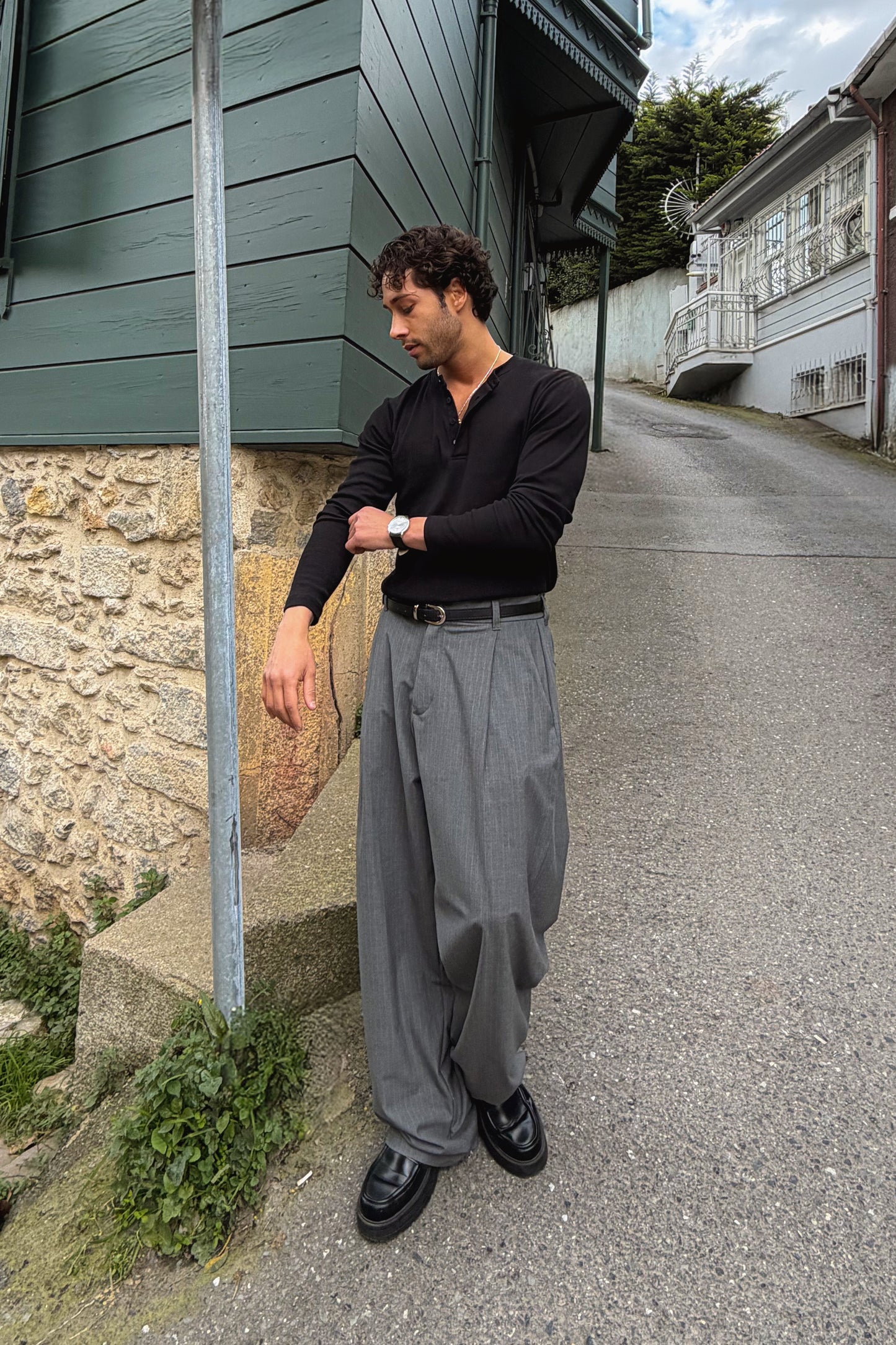 Long-sleeved button-down T-shirt