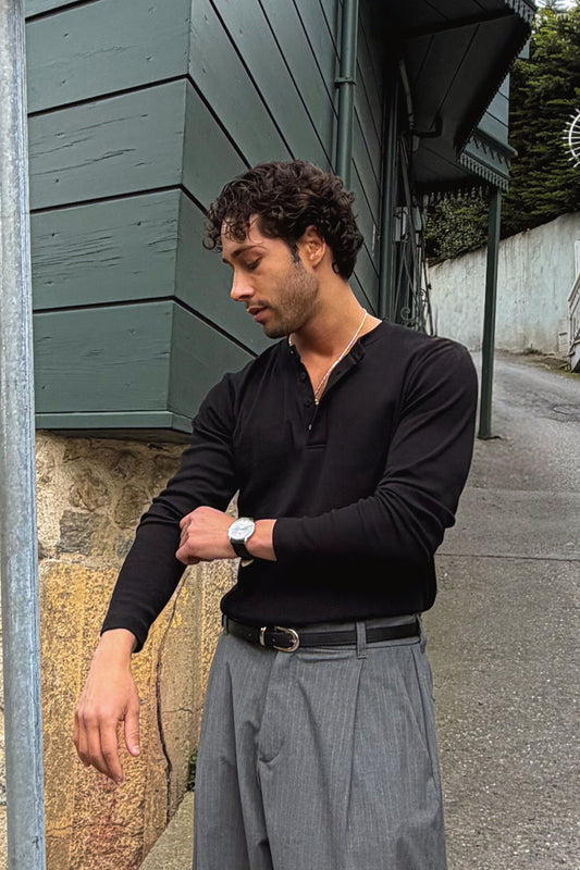 Long-sleeved button-down T-shirt