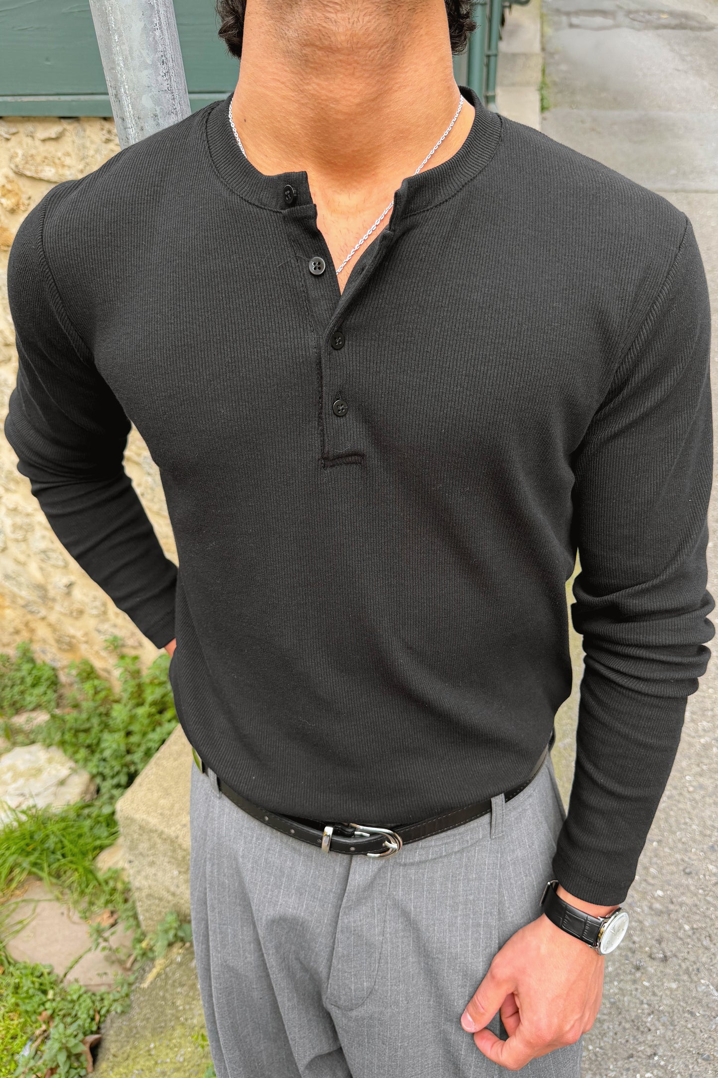 Long-sleeved button-down T-shirt