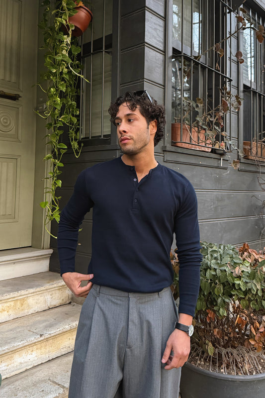 Long-sleeved button-down T-shirt