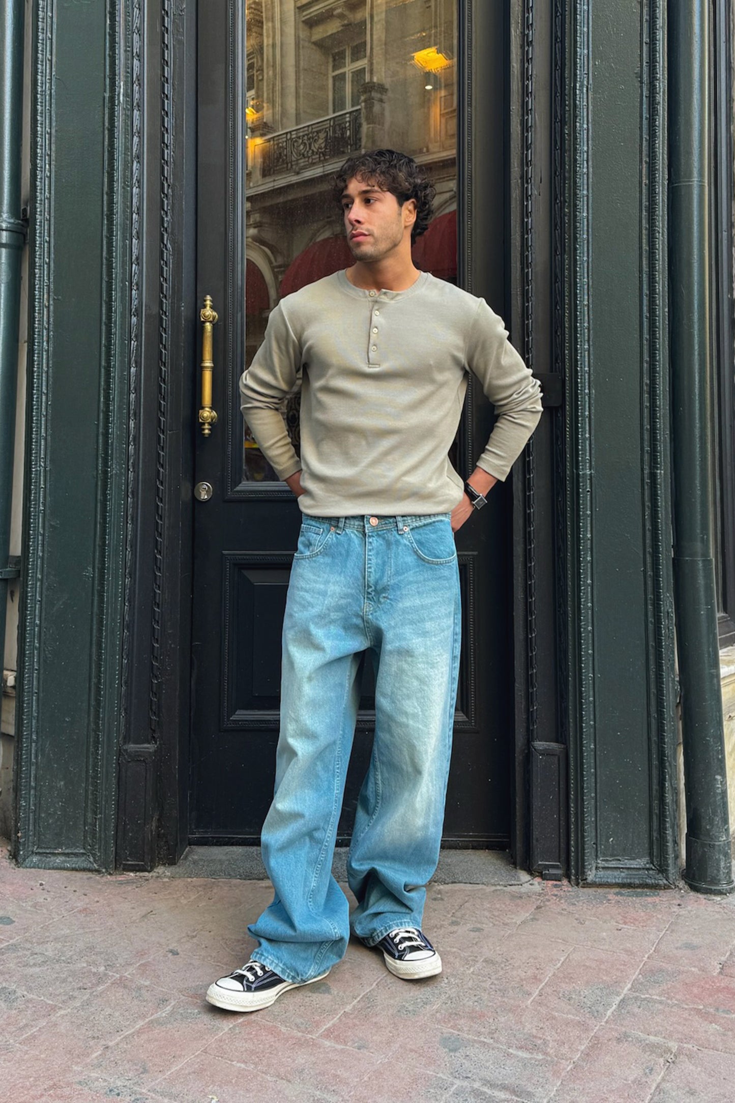 Long-sleeved button-down T-shirt