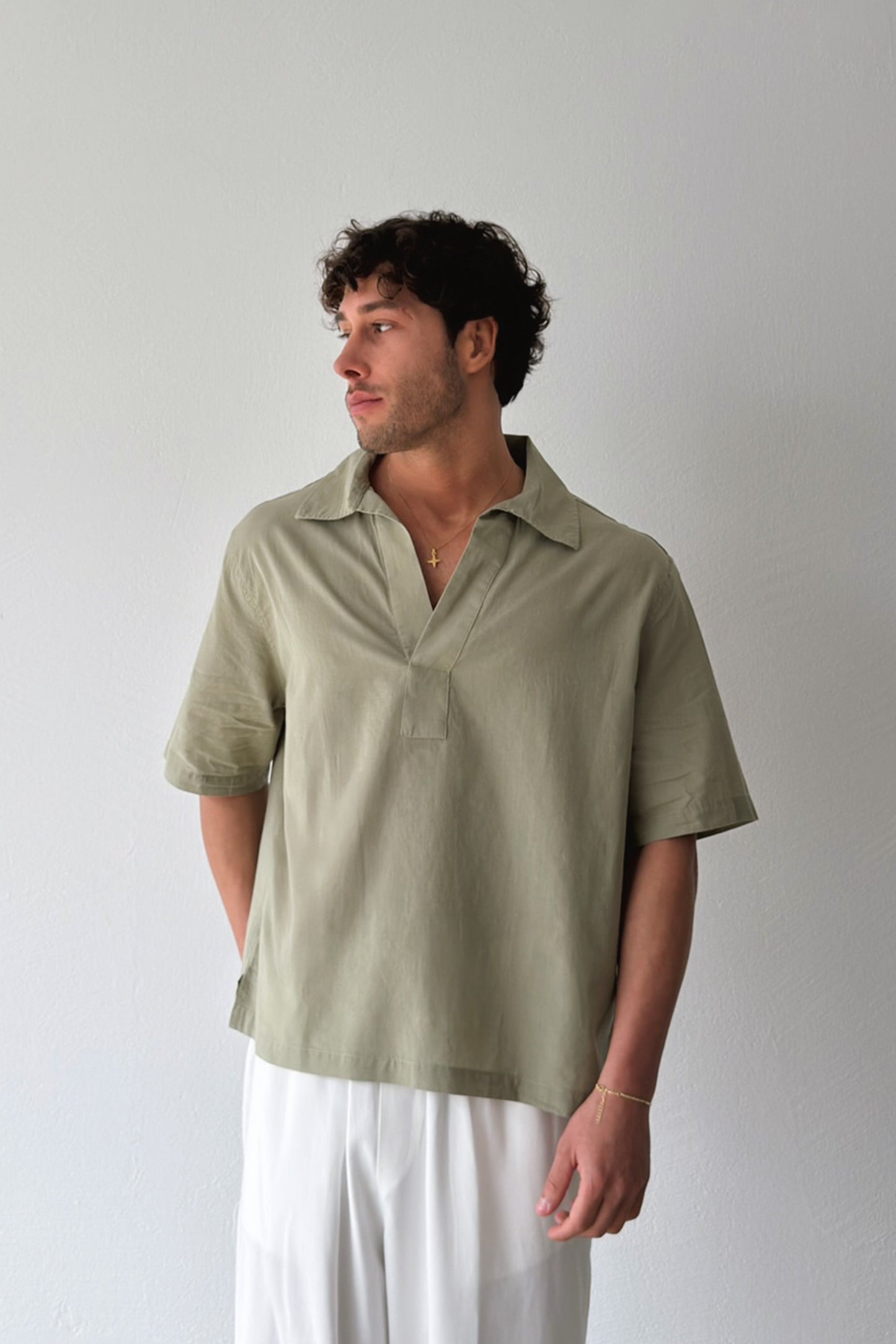 V-Neck Khaki Linen Shirt