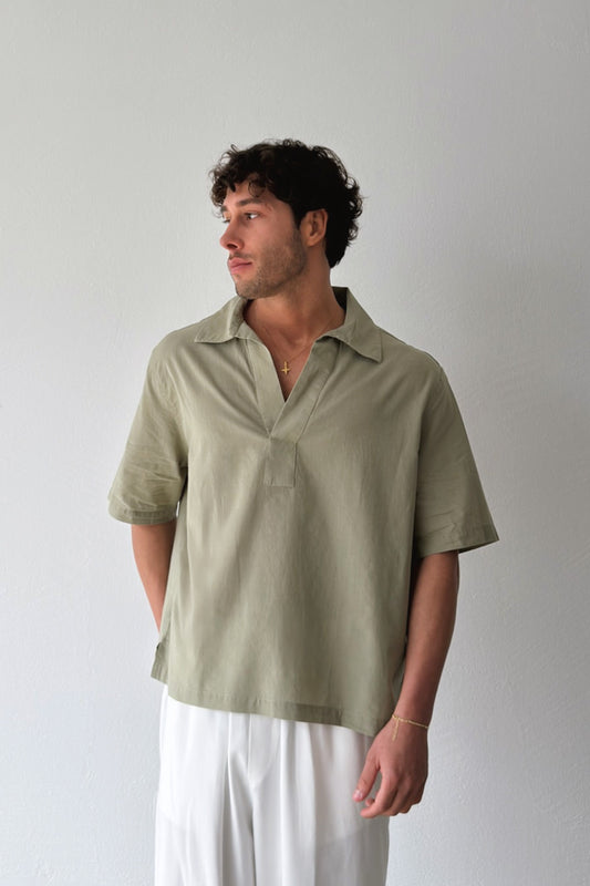 V-Neck Khaki Linen Shirt