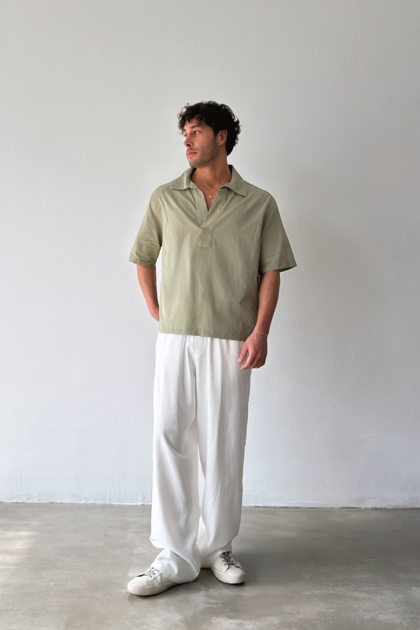 V-Neck Khaki Linen Shirt