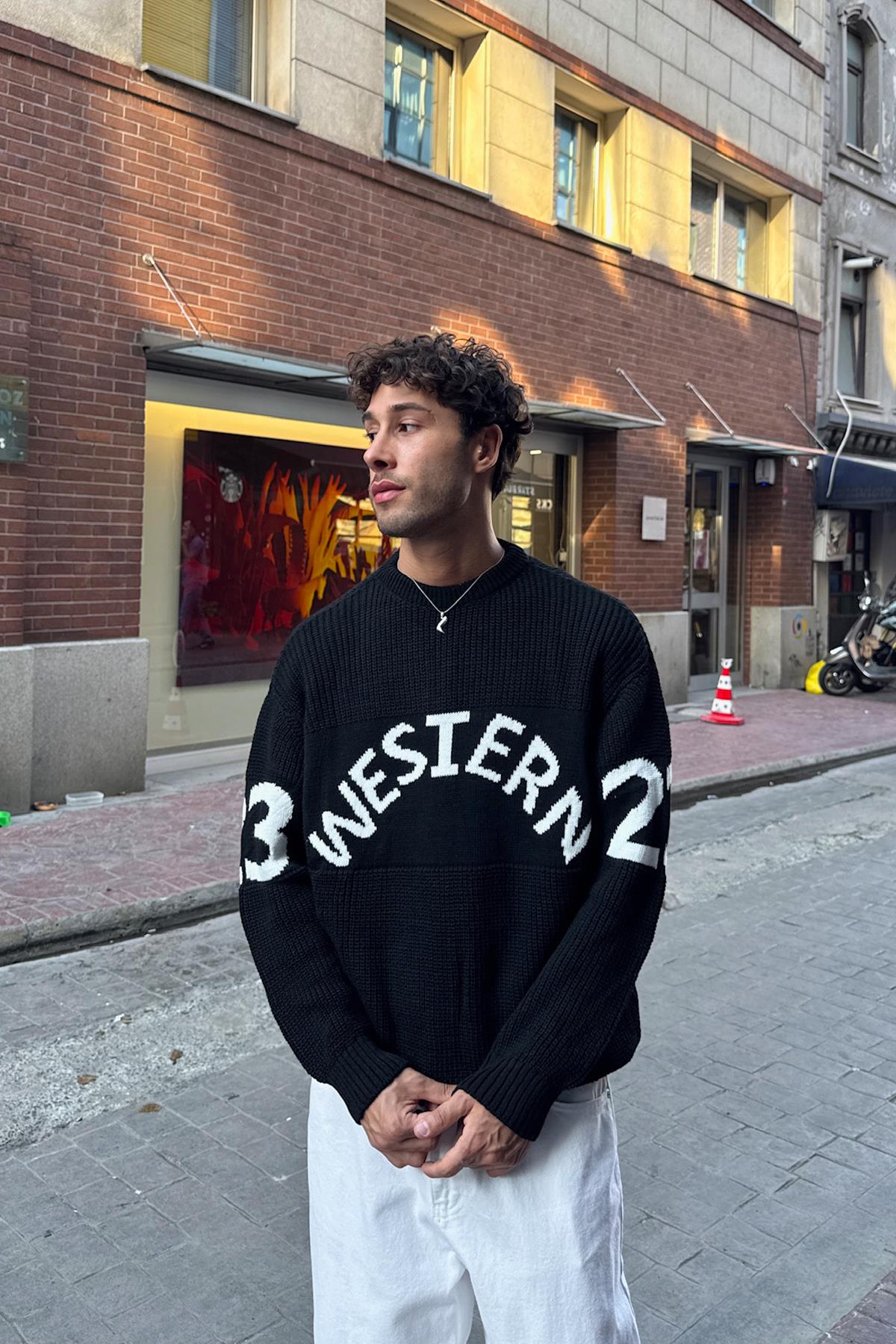 Western Embroidered Black Knit Sweater Black