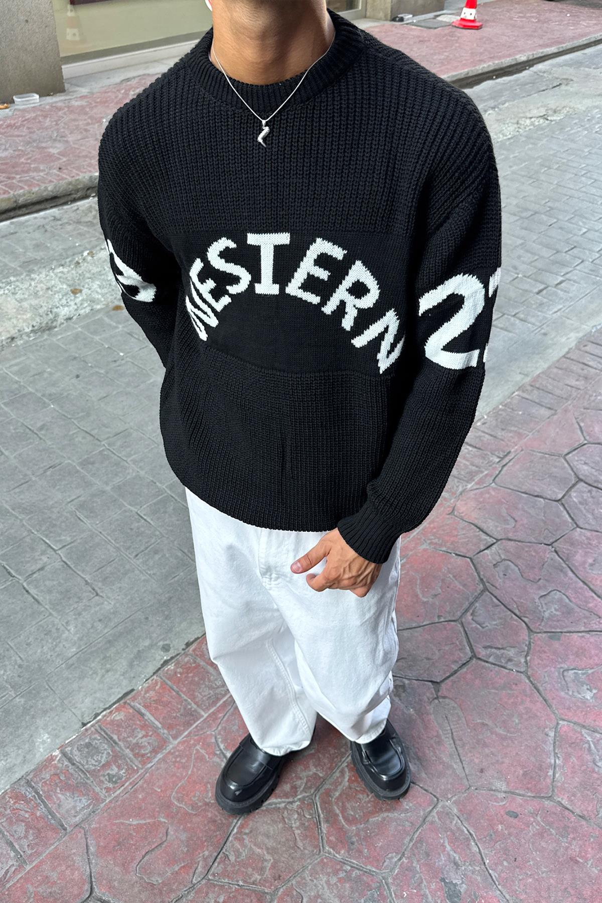 Western Embroidered Black Knit Sweater Black