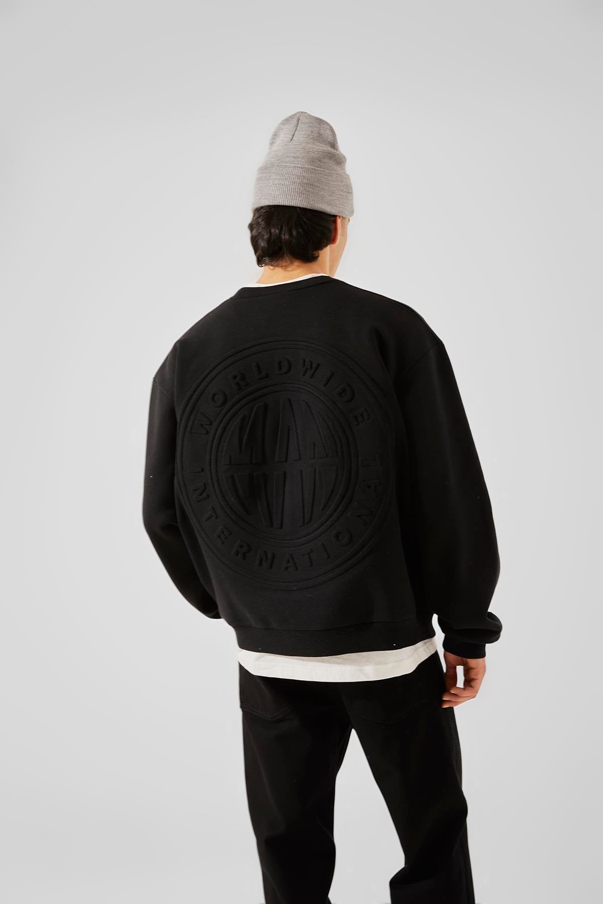 World Wide Embossed Print Black Oversize Sweatshirt