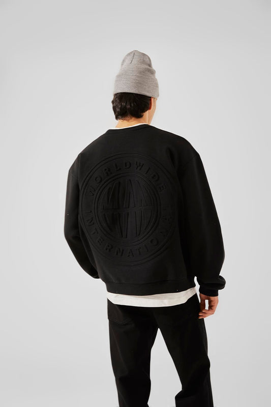 World Wide Embossed Print Black Oversize Sweatshirt