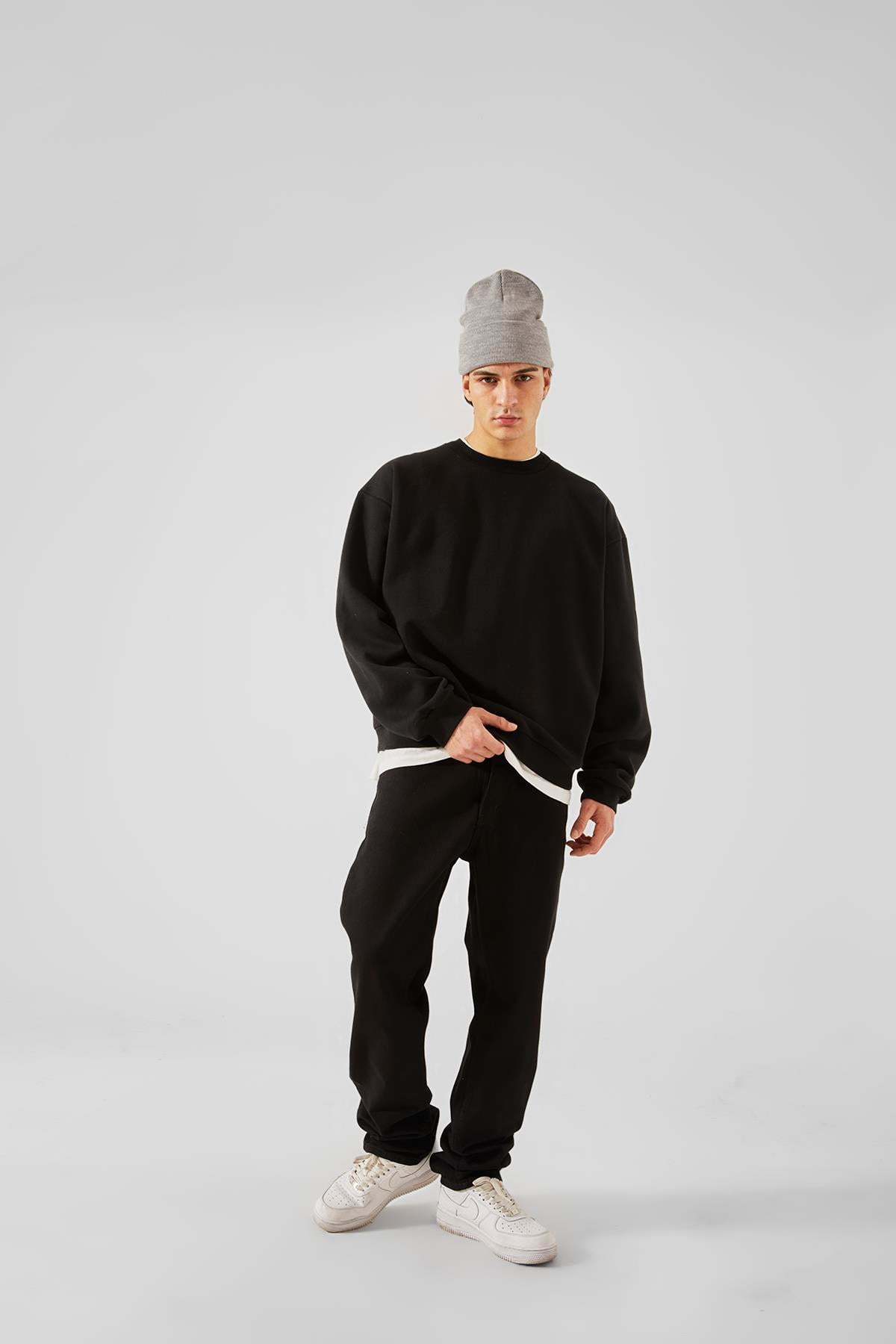 World Wide Embossed Print Black Oversize Sweatshirt