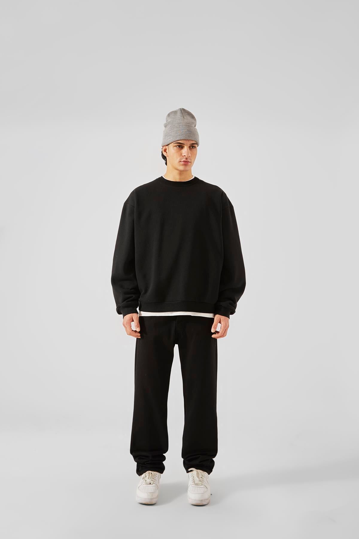 World Wide Embossed Print Black Oversize Sweatshirt