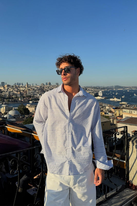Horizontal Striped Oversize Shirt Navy Blue
