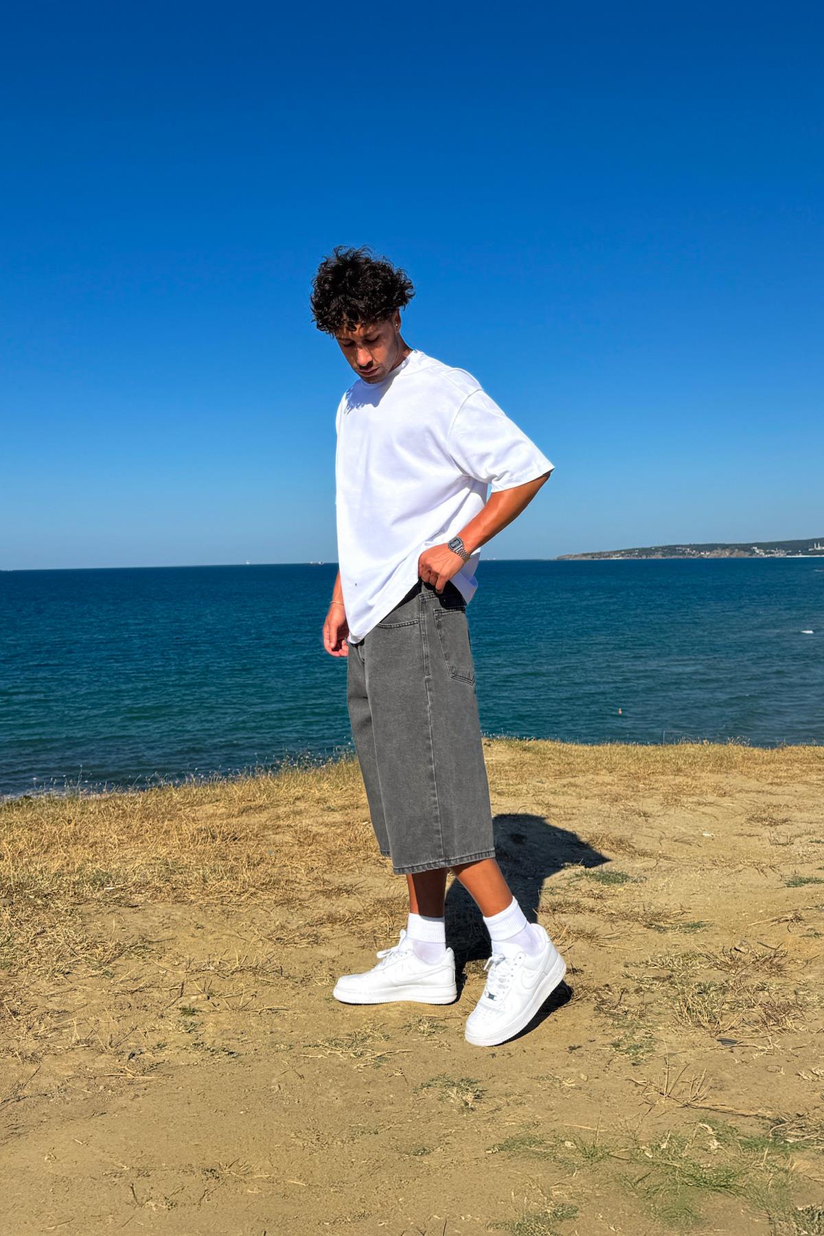 Washed Basic Denim Shorts Anthracite