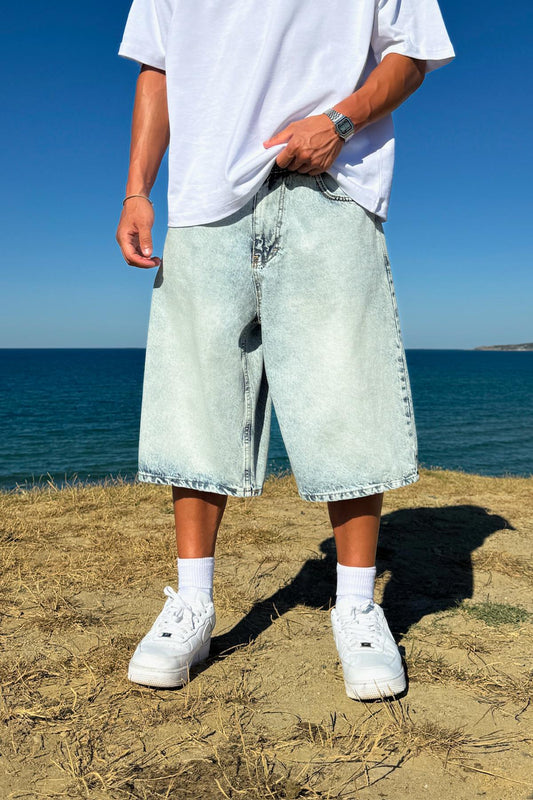 Washed Basic Denim Shorts Ice Blue