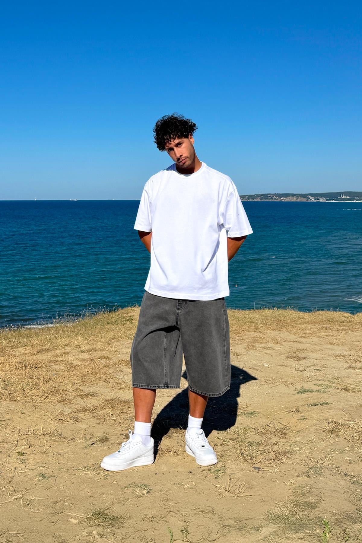 Washed Basic Denim Shorts Anthracite