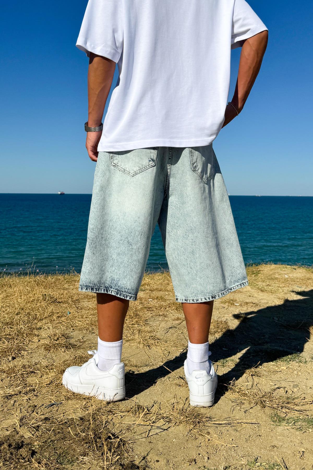 Washed Basic Denim Shorts Ice Blue