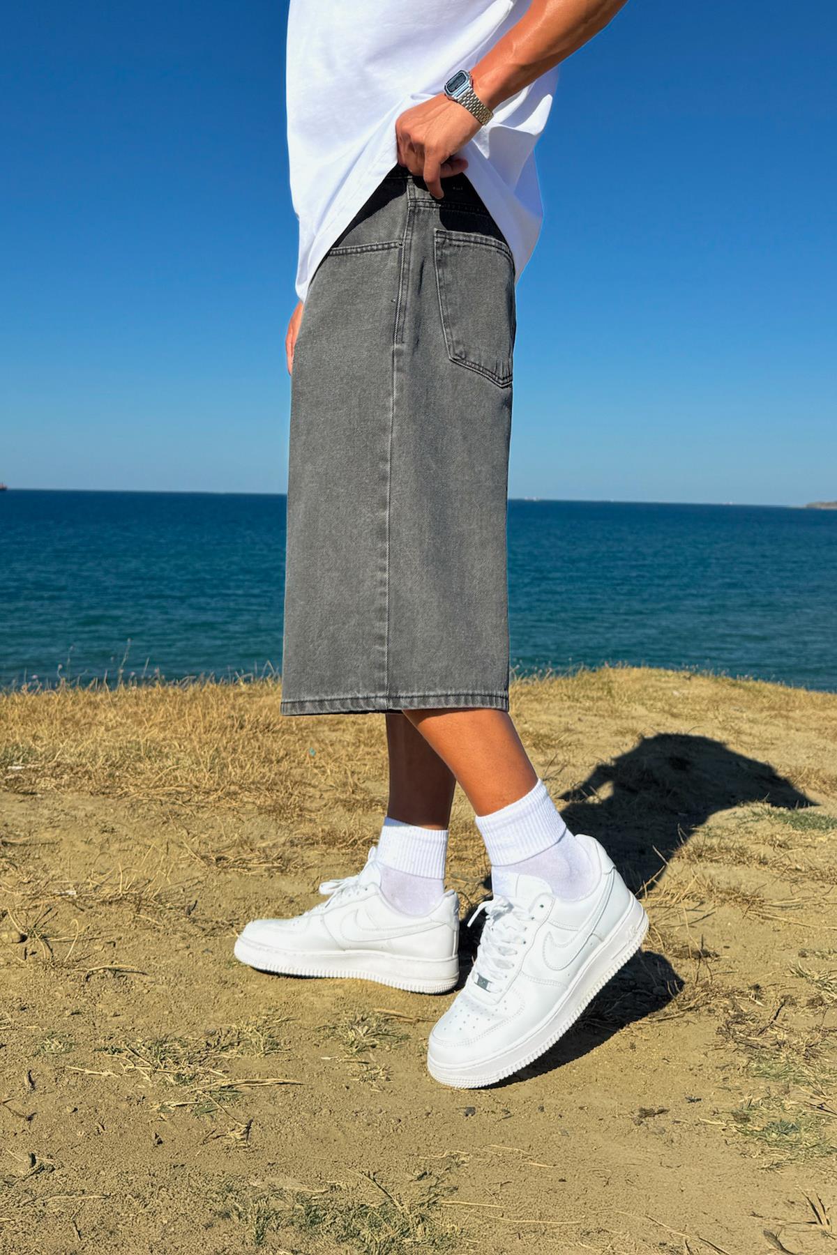 Washed Basic Denim Shorts Anthracite