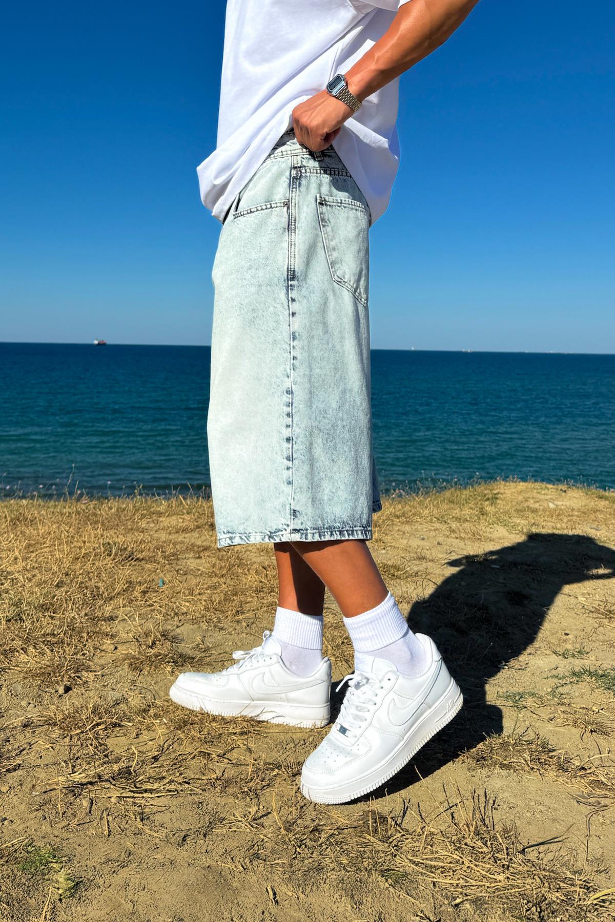 Washed Basic Denim Shorts Ice Blue