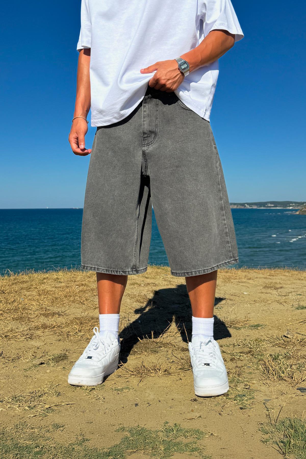 Washed Basic Denim Shorts Anthracite