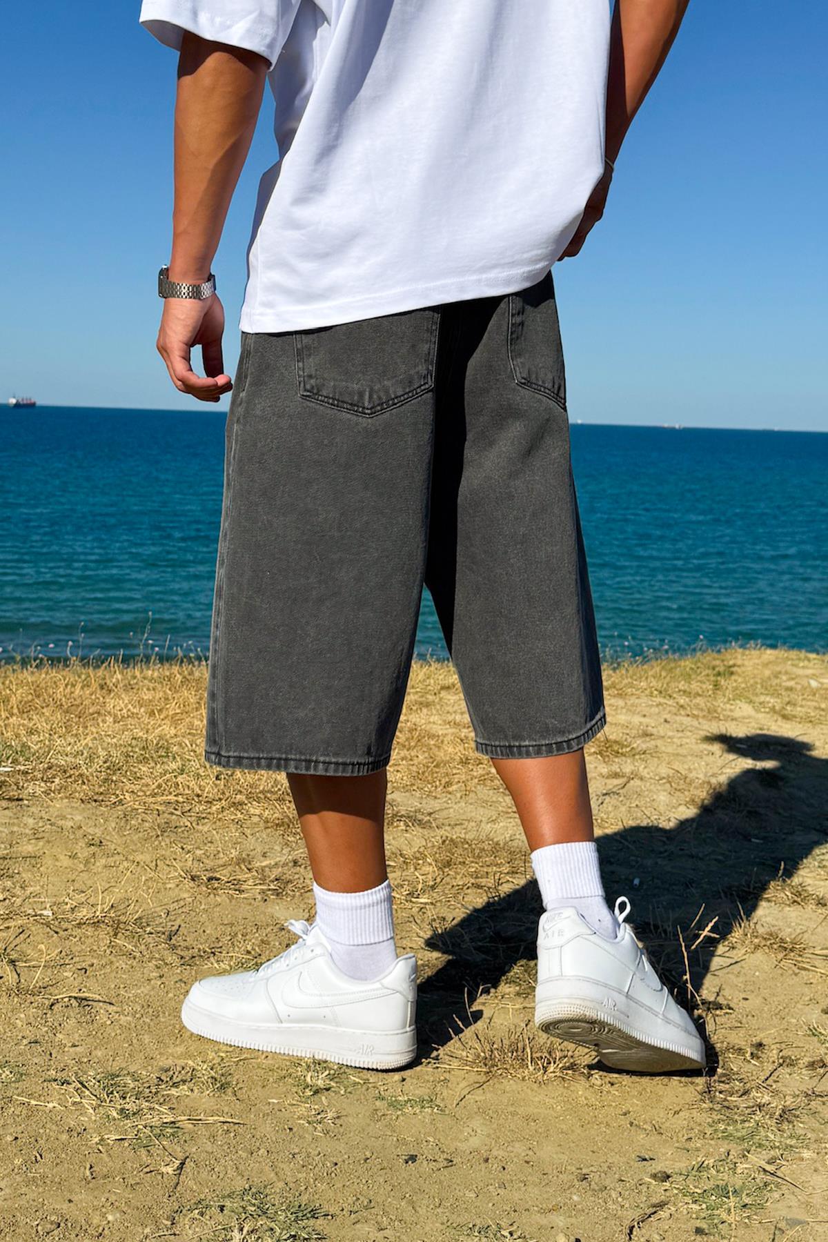 Washed Basic Denim Shorts Anthracite