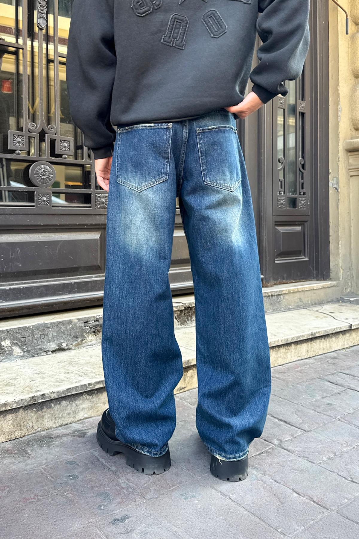 Washed Striped Baggy Jeans Blue