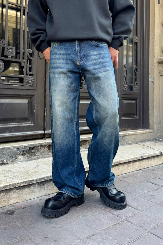Washed Striped Baggy Jeans Blue