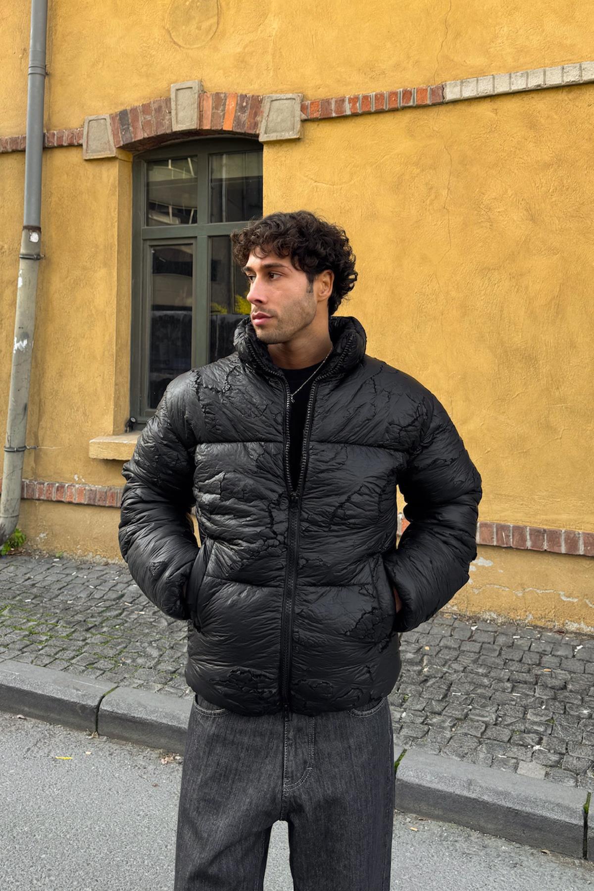 Ripped Style Puffer Jacket, Black