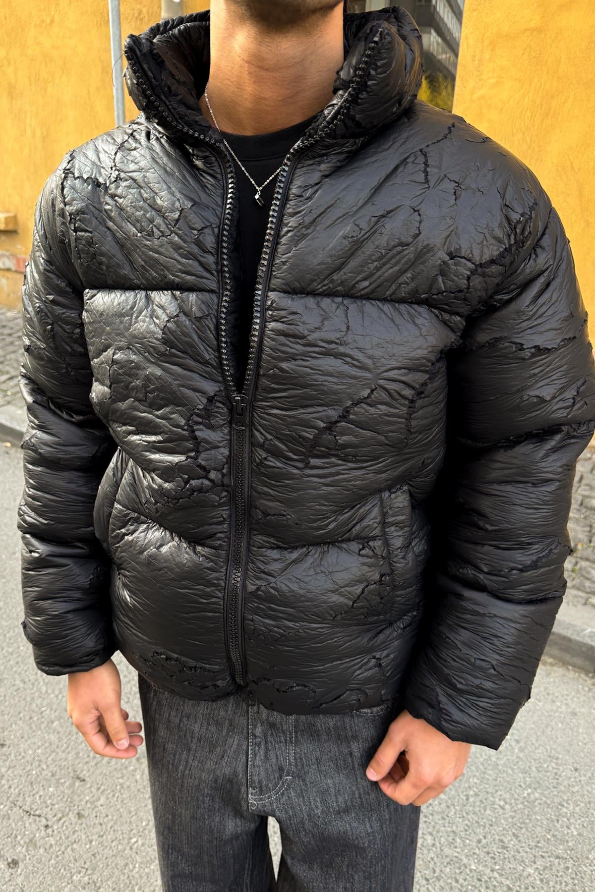 Ripped Style Puffer Jacket, Black