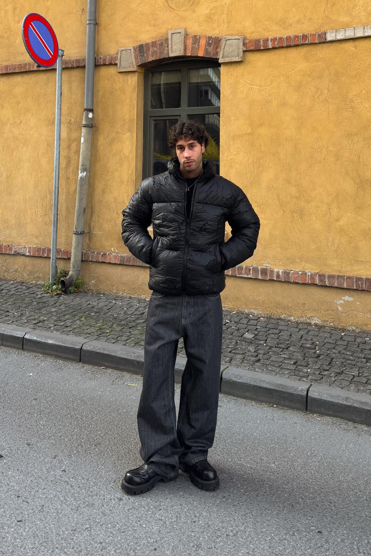 Ripped Style Puffer Jacket, Black