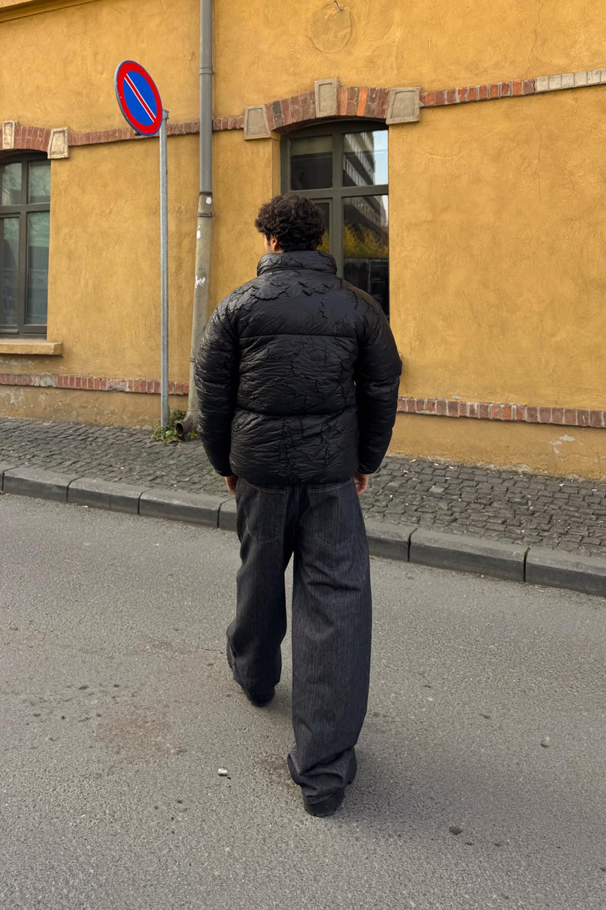 Ripped Style Puffer Jacket, Black
